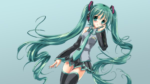 Anime picture 1920x1080 with vocaloid hatsune miku highres simple background wide image twintails bare shoulders nail polish zettai ryouiki hand on face skin tight aqua nail polish girl thighhighs detached sleeves miniskirt necktie