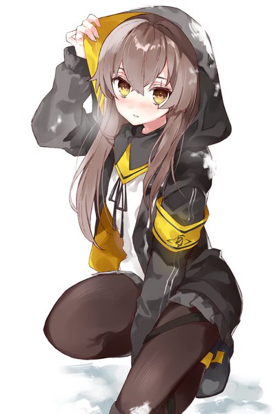 Anime picture 1063x1581 with girls frontline ump45 (girls frontline) hasegawa (rarairairai) single long hair tall image looking at viewer fringe simple background hair between eyes brown hair white background yellow eyes long sleeves scar squat adjusting clothes adjusting hood girl pantyhose