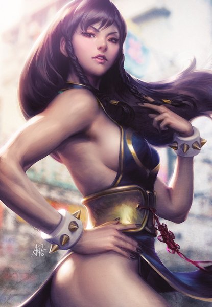 Anime picture 800x1156 with street fighter capcom chun-li artgerm (stanley lau) single long hair tall image fringe breasts light erotic brown hair bare shoulders brown eyes signed payot looking away braid (braids) nail polish parted lips fingernails