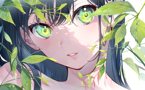 Anime picture 1416x885 with original miwano rag single long hair looking at viewer blush fringe black hair green eyes parted lips head tilt shaded face face girl leaf (leaves)