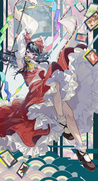 Anime picture 1905x3528 with touhou unconnected marketeers hakurei reimu kyusoukyu single long hair tall image highres black hair red eyes full body traditional clothes japanese clothes arm up nontraditional miko seigaiha girl skirt bow hair bow