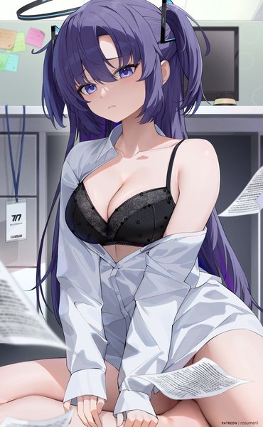 Anime picture 2159x3500 with blue archive yuuka (blue archive) rosumerii single long hair tall image looking at viewer blush fringe highres breasts light erotic hair between eyes large breasts sitting purple eyes signed cleavage purple hair bent knee (knees)