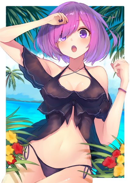 Anime picture 994x1404 with fate (series) fate/grand order mash kyrielight jazztaki single tall image looking at viewer blush fringe short hair breasts open mouth light erotic large breasts purple eyes bare shoulders pink hair cleavage arm up hair over one eye