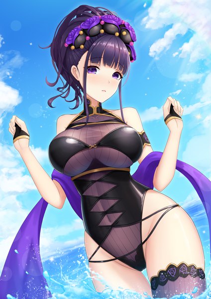 Anime picture 2894x4093 with fate (series) fate/grand order murasaki shikibu (fate) murasaki shikibu (swimsuit rider) (fate) abeen jhong single tall image looking at viewer fringe highres short hair breasts open mouth light erotic large breasts standing purple eyes bare shoulders payot sky