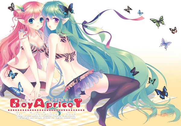 Anime picture 1119x777 with original boya (artist) blush open mouth light erotic multiple girls green eyes pink hair very long hair pink eyes pointy ears aqua hair girl thighhighs black thighhighs 2 girls swimsuit bikini insect butterfly