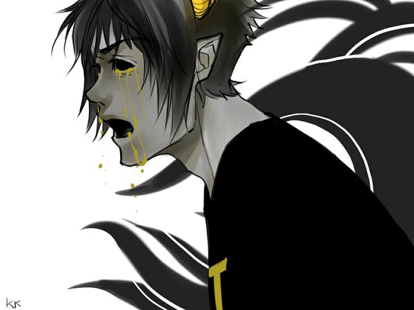 Anime picture 1024x768 with homestuck sollux captor kidkyan single open mouth signed profile horn (horns) pointy ears demon hollow eyes boy