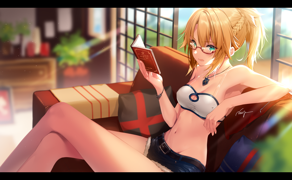 Anime picture 1200x743 with fate (series) fate/grand order fate/apocrypha mordred (fate) necomi (gussan) single looking at viewer blush fringe short hair breasts open mouth blonde hair hair between eyes wide image sitting bare shoulders holding signed cleavage