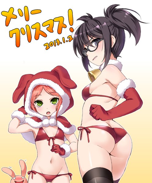 Anime picture 745x897 with pop'n music root@chou dou-ken alicia (pop'n music) shouni (sato3) tall image blush fringe short hair open mouth light erotic black hair simple background purple eyes twintails multiple girls green eyes ass orange hair short twintails girl