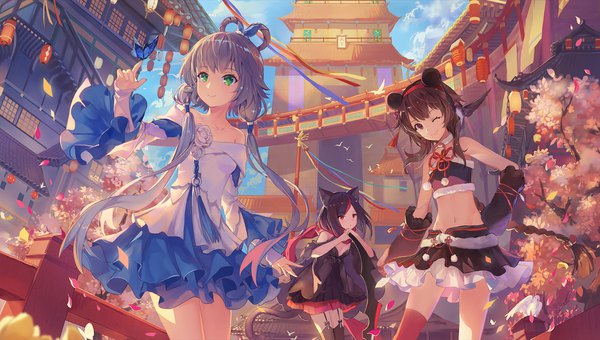 Anime picture 1902x1080 with vocaloid vocaloid china luo tianyi yuezheng ling criin long hair looking at viewer blush fringe highres short hair black hair smile red eyes brown hair wide image twintails bare shoulders multiple girls green eyes
