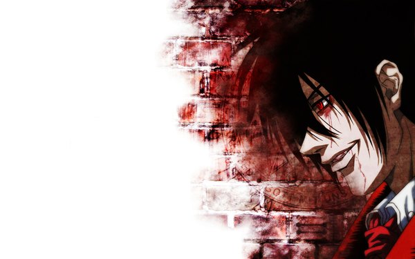 Anime picture 1920x1200 with hellsing alucard (hellsing) single highres short hair black hair red eyes wide image profile boy necktie blood