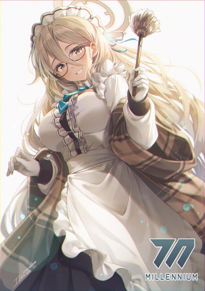 Anime picture 919x1300 with blue archive akane (blue archive) ika (4801055) single long hair tall image looking at viewer fringe simple background blonde hair smile hair between eyes white background brown eyes from below maid grin girl gloves uniform