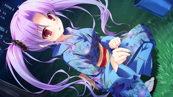 Anime picture 1280x720 with hime-sama love life! ou maika mikeou single long hair looking at viewer blush red eyes wide image twintails game cg purple hair traditional clothes parted lips japanese clothes night squat girl obi scrunchie
