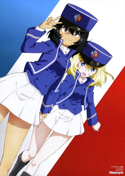 Anime picture 6080x8589 with girls und panzer newtype oshida (girls und panzer) andou (girls und panzer) wang guo nian tall image looking at viewer fringe highres short hair open mouth blue eyes black hair blonde hair smile hair between eyes standing multiple girls brown eyes absurdres