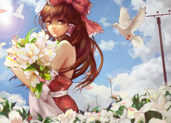 Anime picture 1692x1218 with touhou hakurei reimu 2966441886 (artist) single long hair looking at viewer blush smile brown hair bare shoulders brown eyes sky cloud (clouds) sunlight sunbeam girl flower (flowers) bow hair bow animal