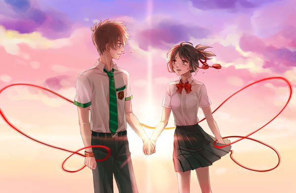 Anime picture 2900x1890 with kimi no na wa miyamizu mitsuha tachibana taki q-chiang highres short hair brown hair standing brown eyes looking away sky ponytail profile wind tears holding hands evening sunset eye contact girl