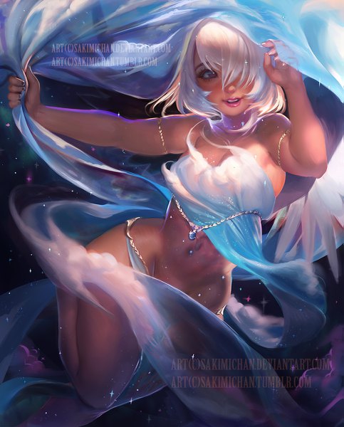 Anime picture 967x1200 with original sakimichan single tall image fringe short hair light erotic brown eyes looking away white hair nail polish lips hair over one eye realistic lipstick outstretched arm watermark pink lipstick girl navel