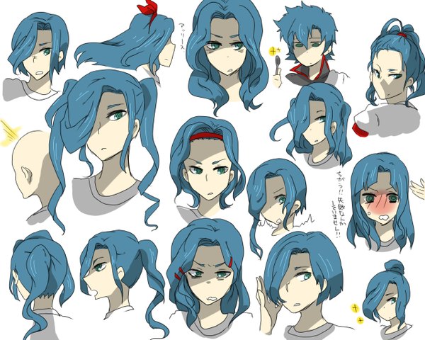 Anime picture 1280x1024 with inazuma eleven valtinas edgar long hair blush fringe short hair smile blue hair ponytail profile aqua eyes from behind hair over one eye face multiple persona bald boy hair ornament hairband hairclip