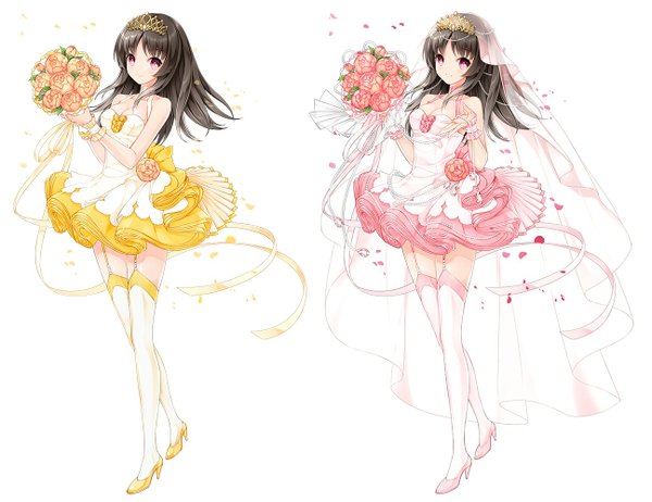 Anime picture 1296x1000 with original juna long hair looking at viewer black hair simple background white background multiple girls pink eyes high heels dual persona girl thighhighs dress flower (flowers) ribbon (ribbons) 2 girls petals white thighhighs garter straps
