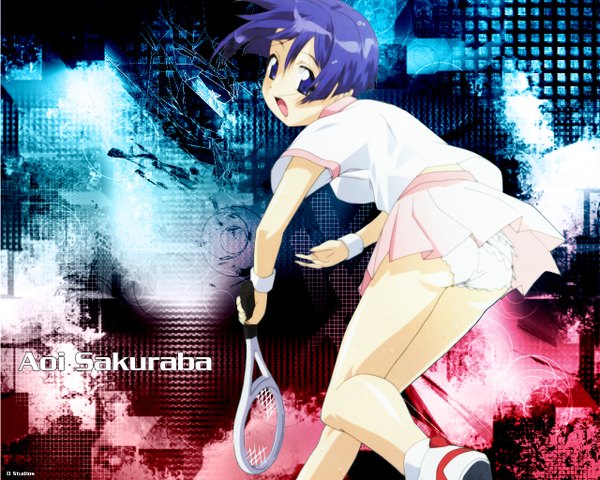 Anime picture 1280x1024 with ai yori aoshi j.c. staff sakuraba aoi single short hair open mouth light erotic smile pleated skirt sunlight bare legs sweat pantyshot sweatdrop bent over frilled panties tennis girl skirt underwear