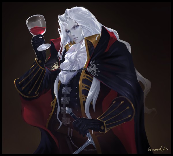Anime picture 4600x4176 with castlevania castlevania: symphony of the night konami alucard (castlevania) grandialee single long hair looking at viewer highres simple background signed absurdres upper body white hair realistic grey eyes black background pale skin boy gloves