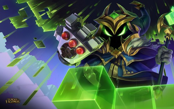 Anime picture 1920x1200 with league of legends veigar (league of legends) tagme (artist) single highres standing green eyes from below wallpaper boy staff single glove clothes