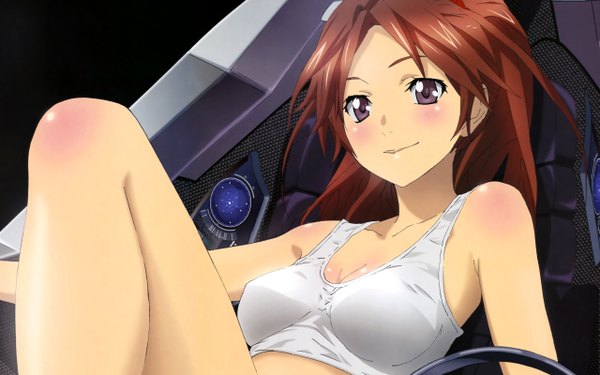 Anime picture 2560x1600 with guilty crown production i.g shinomiya ayase single long hair blush highres smile brown hair wide image bare shoulders brown eyes legs body blush girl