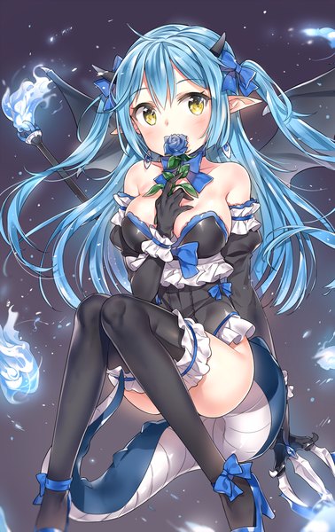 Anime picture 907x1438 with original yuran (cozyquilt) single long hair tall image light erotic twintails bare shoulders yellow eyes blue hair bent knee (knees) tail horn (horns) pointy ears high heels black wings bat wings snake tail girl thighhighs