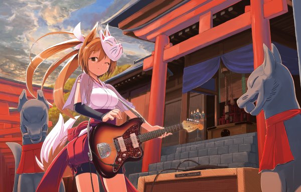 Anime picture 1200x768 with original kurobuta gekkan single long hair smile animal ears ponytail tail japanese clothes one eye closed wink fox ears fox tail fox girl mask on head girl detached sleeves shorts building (buildings) mask