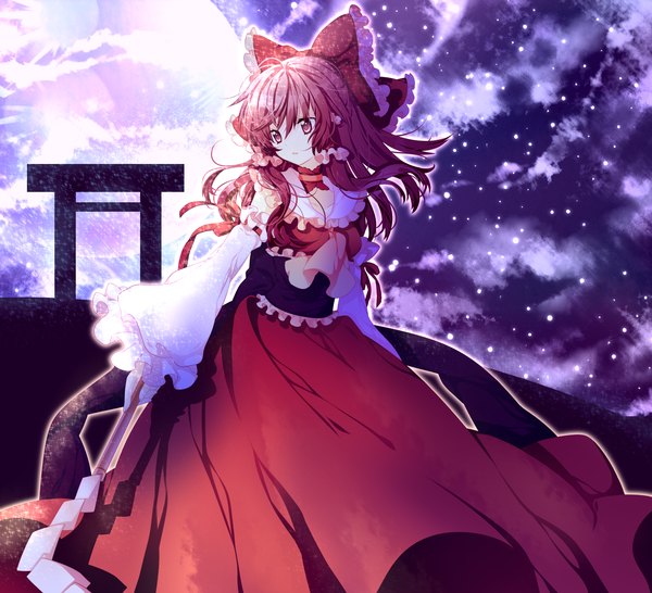 Anime picture 2460x2242 with touhou hakurei reimu riichu single long hair highres brown eyes sky cloud (clouds) red hair night sky half updo miko girl dress hair ornament bow hair bow choker moon