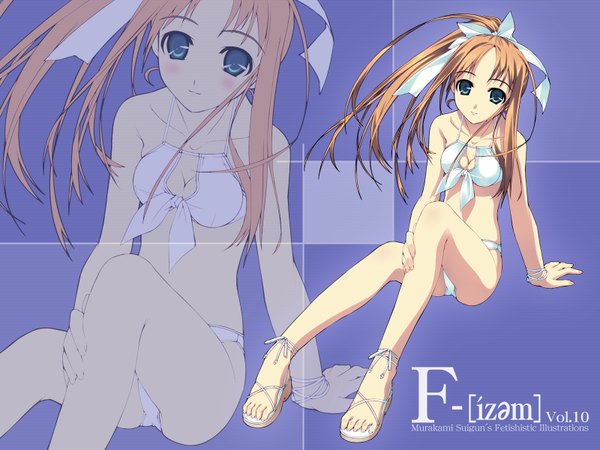 Anime picture 1600x1200 with f-ism murakami suigun single long hair looking at viewer blush breasts blue eyes light erotic blonde hair sitting full body ponytail arm support zoom layer purple background girl bow swimsuit hair bow