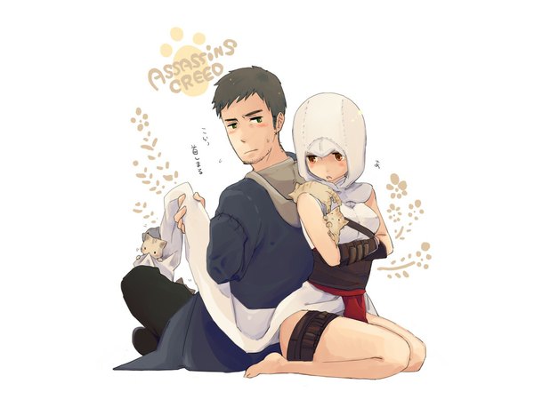 Anime picture 1024x768 with assassin's creed (game) blush short hair black hair simple background white background brown eyes green eyes barefoot inscription girl boy hood cat beard