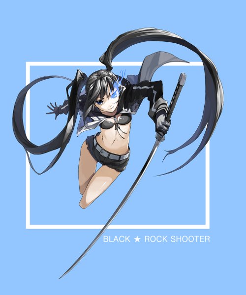 Anime picture 1012x1214 with black rock shooter black rock shooter (character) justminor single long hair tall image looking at viewer blue eyes black hair twintails bare belly scar jumping battle girl gloves navel weapon sword black gloves