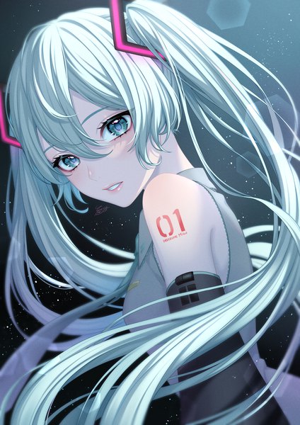 Anime picture 848x1200 with vocaloid hatsune miku ca yu single long hair tall image fringe hair between eyes twintails looking away upper body parted lips aqua eyes aqua hair lens flare girl detached sleeves