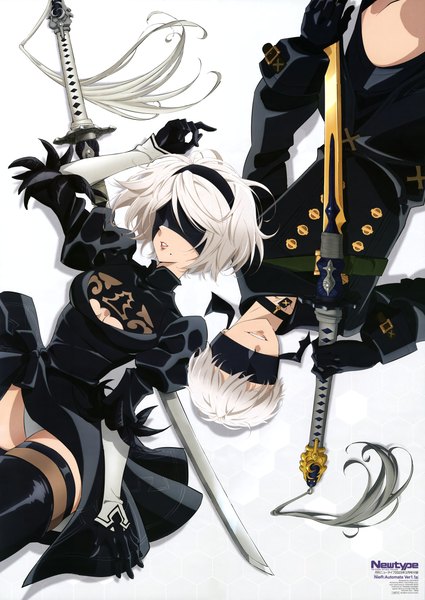 Anime picture 6085x8594 with nier nier:automata newtype yorha no. 2 type b yorha no. 9 type s nakai jun tall image highres short hair simple background white background absurdres silver hair scan mole official art mole under mouth blindfold girl thighhighs