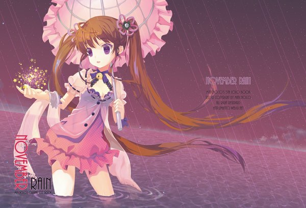 Anime picture 1000x681 with original mintchoco (orange shabette) single long hair brown hair purple eyes twintails rain girl dress hair ornament water umbrella