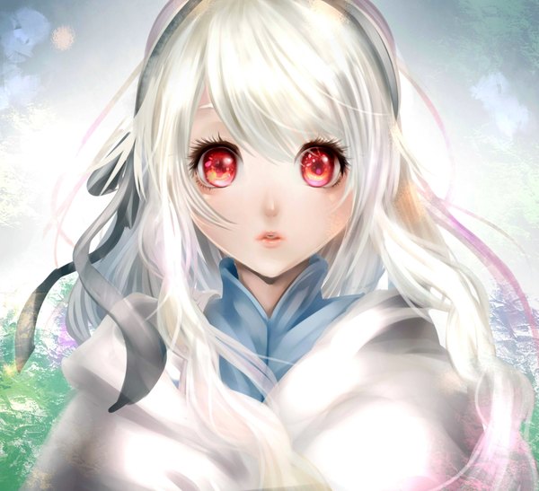 Anime picture 1920x1752 with original naiyoupai single long hair looking at viewer highres red eyes upper body white hair parted lips face girl ribbon (ribbons) hair ribbon