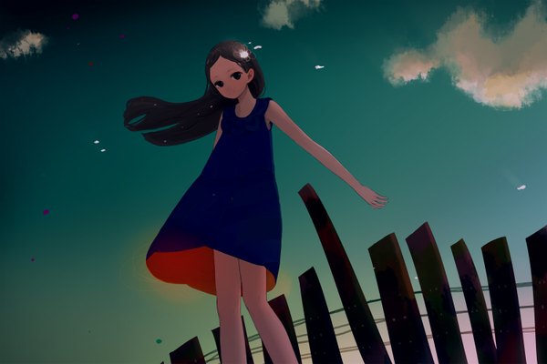 Anime picture 1500x1000 with original felt (lidsan) single long hair black hair sky cloud (clouds) black eyes girl petals sundress