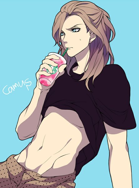 Anime picture 594x800 with uta no prince-sama a-1 pictures starbucks camus myua single long hair tall image blue eyes simple background brown hair looking away bare belly character names groin blue background drinking boy navel t-shirt