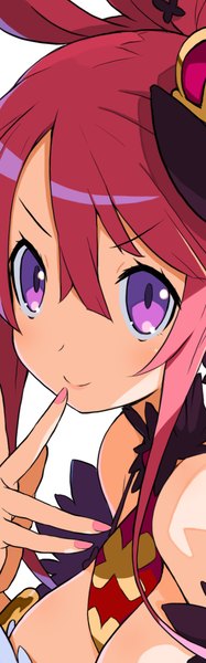 Anime picture 640x2048 with disgaea seraphina (disgaea) single tall image looking at viewer fringe breasts smile hair between eyes purple eyes red hair nail polish fingernails official art lipstick finger to mouth between breasts pink lipstick girl