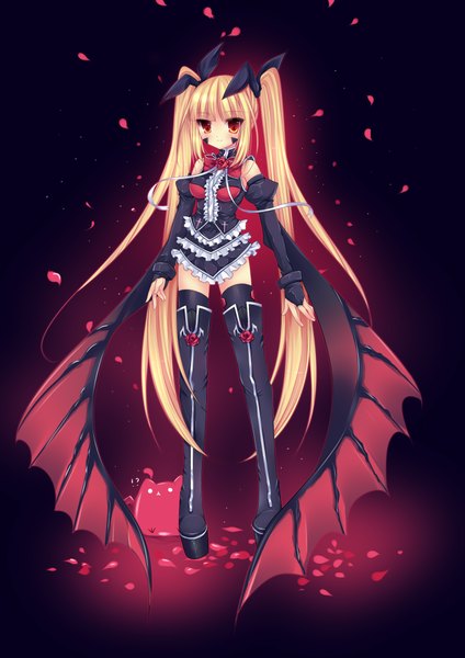 Anime picture 1414x2000 with blazblue rachel alucard usagihime tall image blonde hair red eyes twintails very long hair loli black background girl petals wings fingerless gloves thigh boots