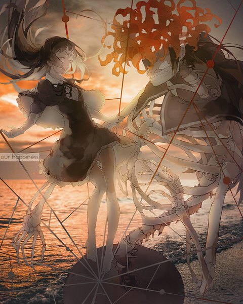 Anime picture 864x1080 with mahou shoujo madoka magica shaft (studio) akemi homura homulilly nine (liuyuhao1992) our happiness long hair tall image black hair signed eyes closed barefoot beach watermark evening sunset magical girl skeleton photo background girl