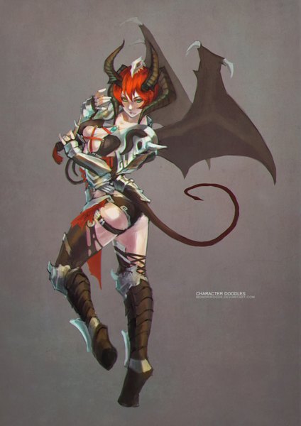 Anime picture 2477x3508 with monori rogue single tall image looking at viewer highres short hair breasts light erotic simple background green eyes ass red hair tail horn (horns) grey background demon girl demon tail demon wings girl wings