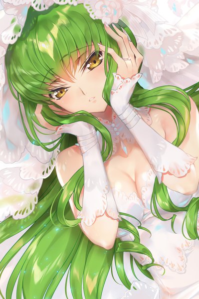 Anime picture 566x851 with code geass sunrise (studio) c.c. creayus single long hair tall image looking at viewer blush fringe breasts hair between eyes bare shoulders yellow eyes payot cleavage upper body blunt bangs parted lips fingernails
