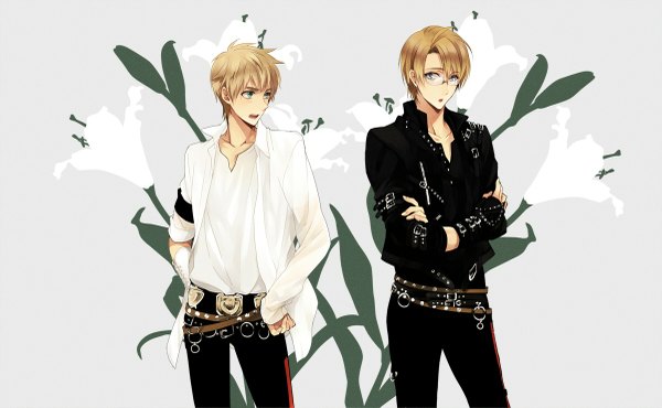 Anime picture 1200x741 with axis powers hetalia studio deen united kingdom (hetalia) america (hetalia) katase waka short hair open mouth blue eyes simple background blonde hair wide image standing green eyes grey background open clothes multiple boys open shirt crossed arms lacing hands on hips