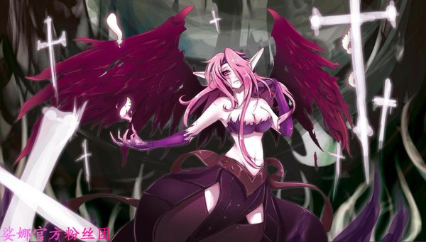 Anime picture 1500x857 with league of legends morgana (league of legends) single fringe breasts wide image pink hair pink eyes hair over one eye angel wings battle girl navel wings fingerless gloves feather (feathers) cross