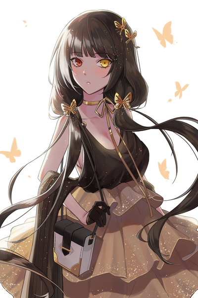 Anime picture 1228x1843 with girls frontline ro635 (girls frontline) qb 516 single long hair tall image looking at viewer blush fringe breasts black hair simple background red eyes large breasts standing white background twintails yellow eyes payot cleavage