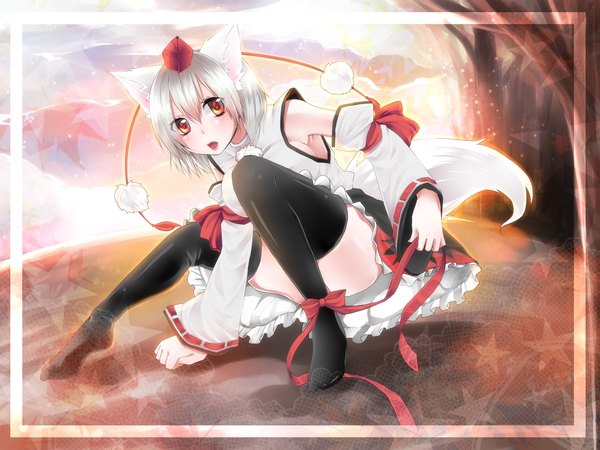 Anime picture 1333x1000 with touhou inubashiri momiji hijiri-ssh short hair open mouth red eyes animal ears white hair animal tail framed girl thighhighs bow ribbon (ribbons) black thighhighs hat