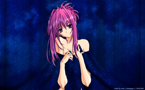 Anime picture 1920x1200 with sister princess zexcs chikage (sister princess) suzuhira hiro single long hair looking at viewer highres wide image purple eyes bare shoulders purple hair hand on chest blue background girl
