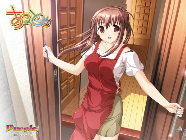 Anime picture 1600x1200 with alto purple software tachibana saori single long hair looking at viewer open mouth red eyes brown hair girl door