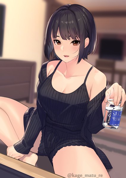 Anime picture 1736x2456 with original kagematsuri single tall image looking at viewer blush fringe highres short hair breasts open mouth light erotic black hair sitting bare shoulders holding brown eyes signed cleavage indoors